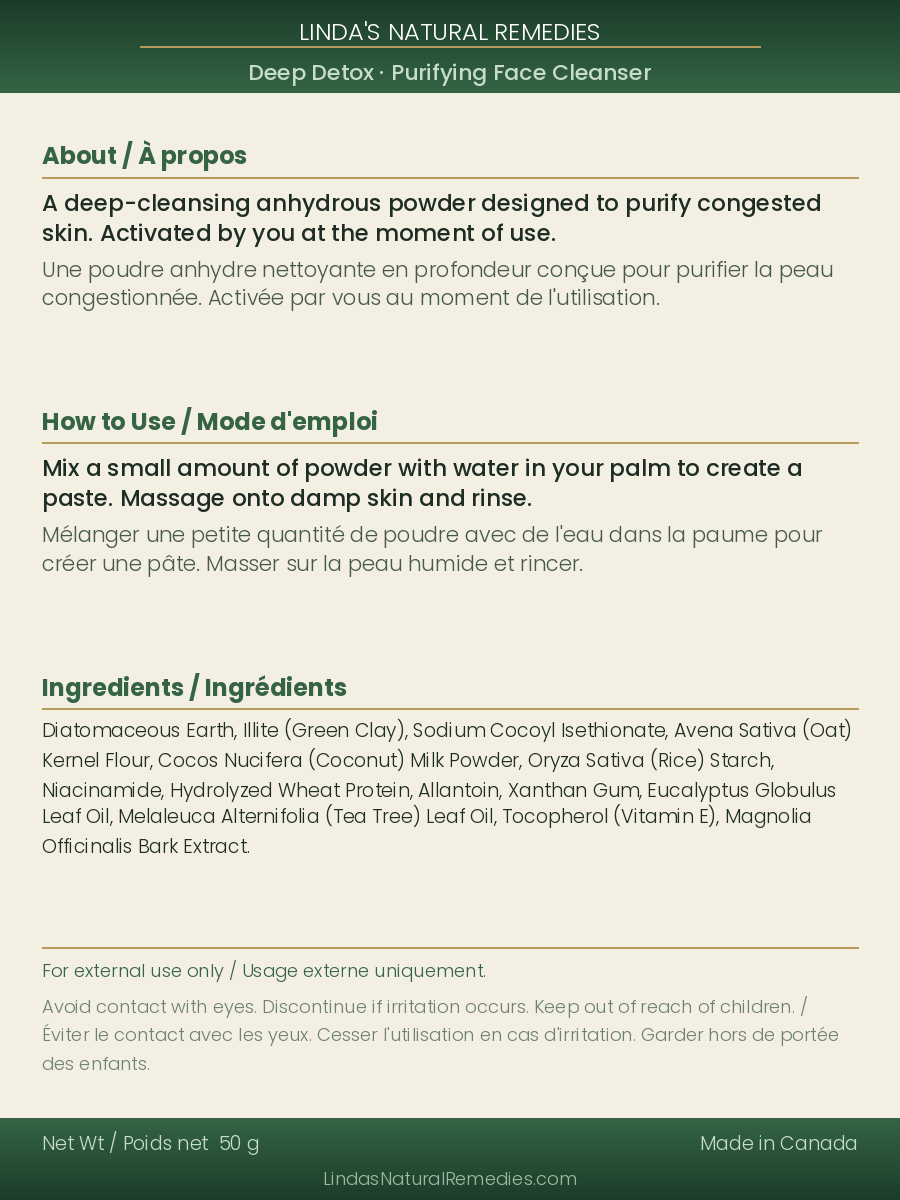 Product label for Linda's Natural Remedies Deep Detox Purifying Face Cleanser with text and ingredient list.