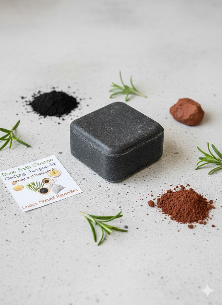 Square charcoal-grey shampoo bar shown with activated charcoal powder and natural clay.