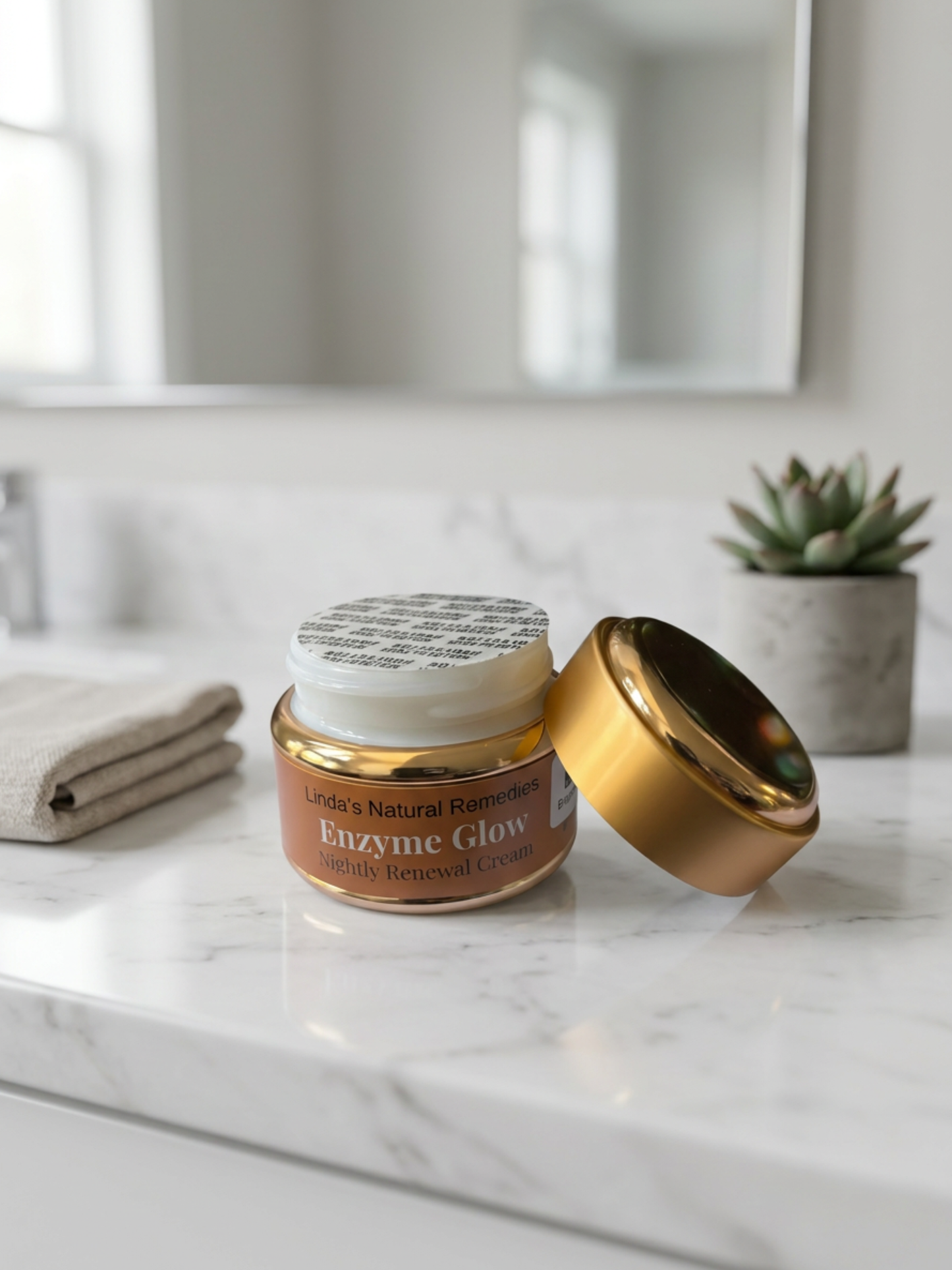 Cosmetic jar labeled 'Enzyme Glow' on a marble surface with a blurred background
