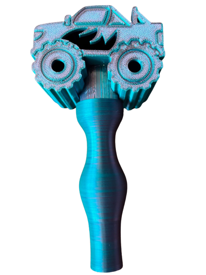 Green and purple monster truck bath wand.
