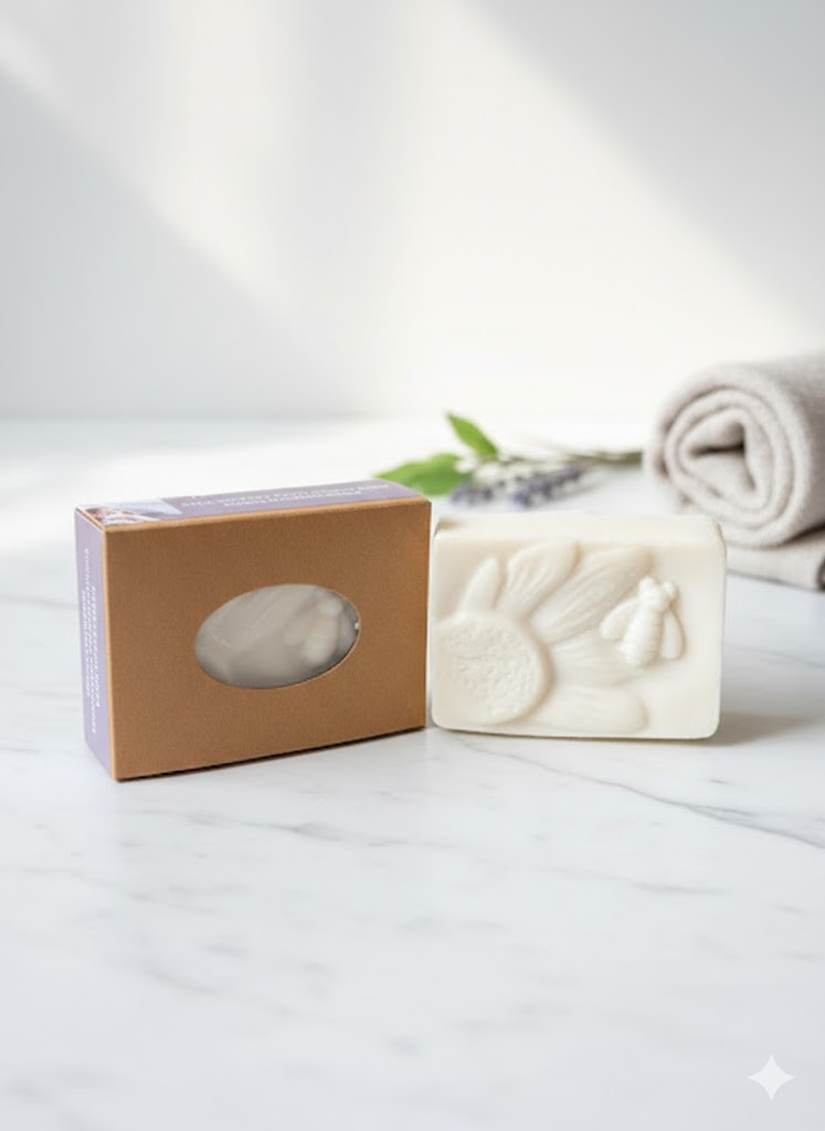 Linda's Natural Remedies First Rain Emulsifying Solid Scrub Bar with artisan kraft paper gift box, featuring a fresh aquatic scent.