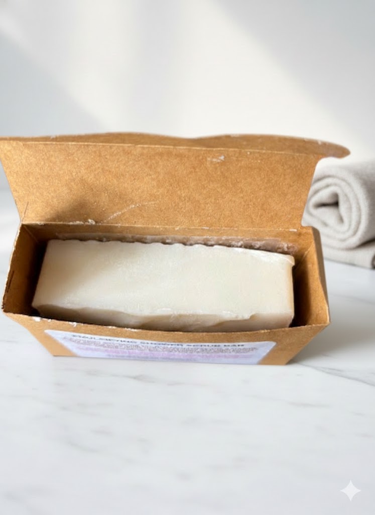 Top-down view of the First Rain scrub bar inside its eco-friendly kraft window box packaging.