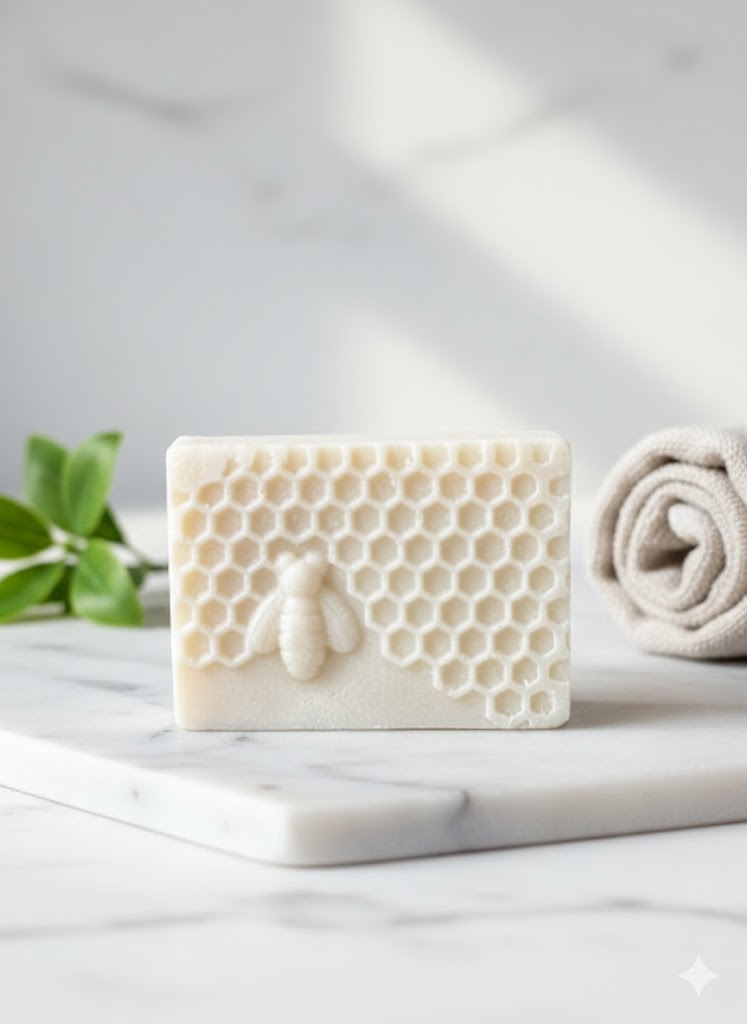 Close-up of the First Rain artisan scrub bar showing the detailed bee and sunflower mold and the exfoliating pumice texture.