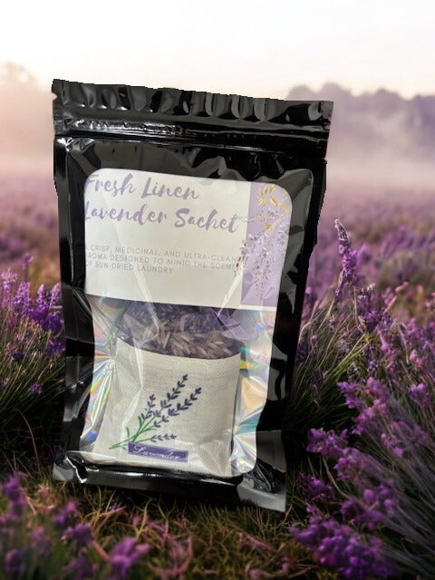 Fresh Linen Lavender Aroma Sachet in a crisp white bag, handcrafted in Oshawa.