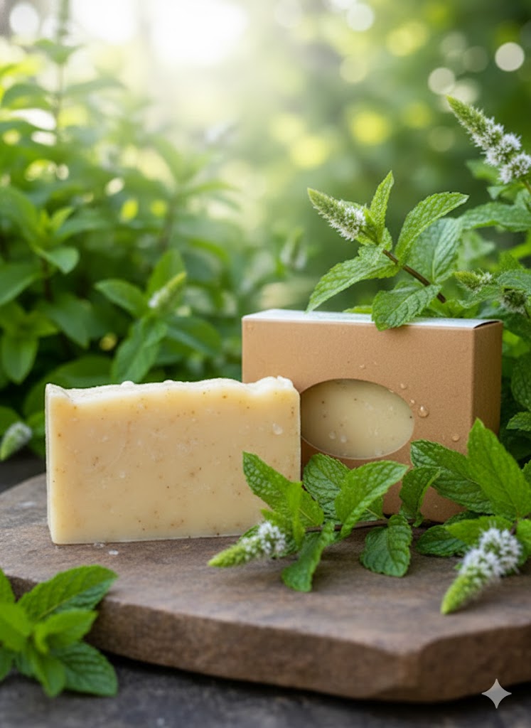 Bar of soap surrounded by fresh mint.
