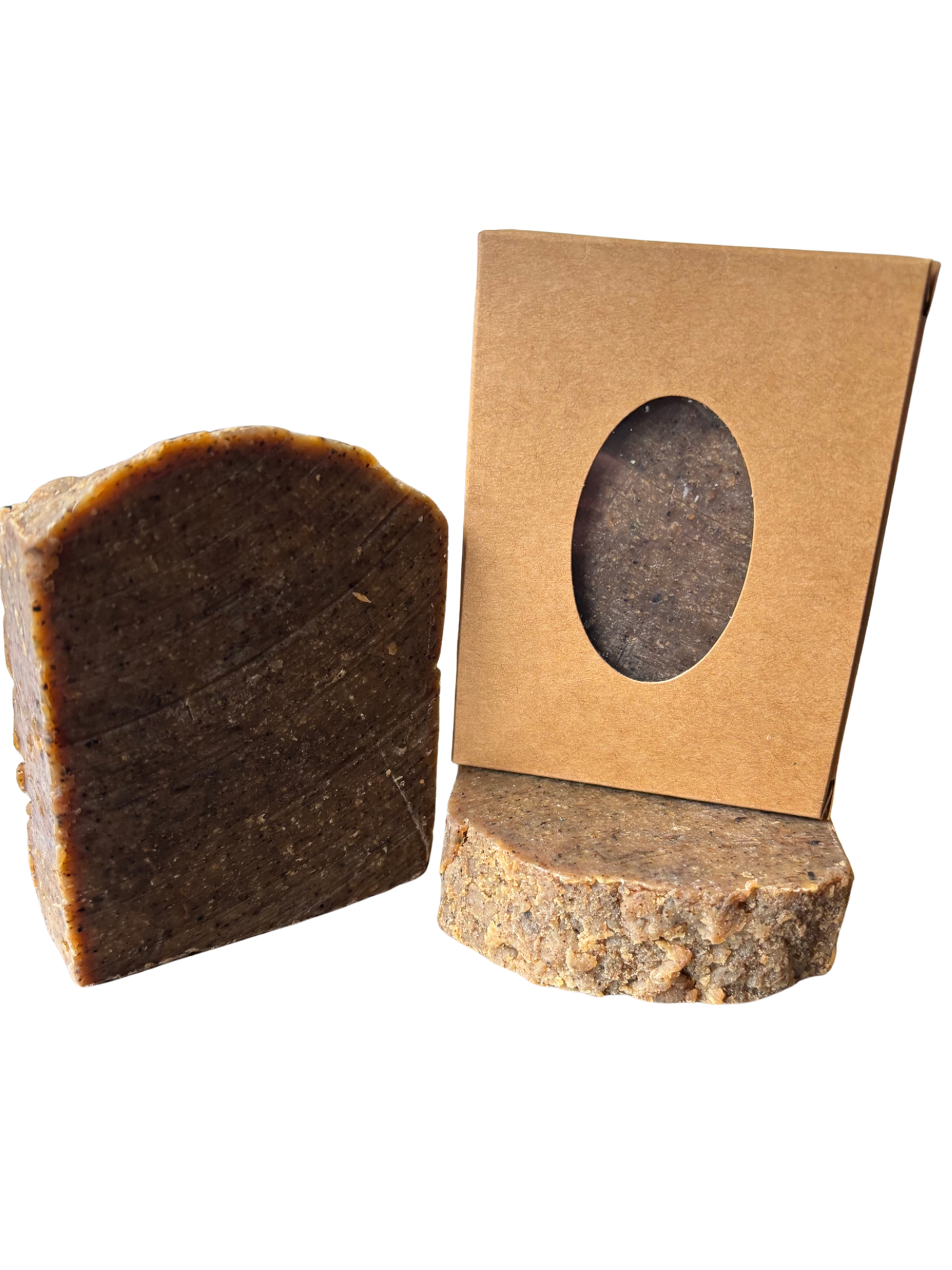 Brown soap bar with a cardboard packaging on a white background