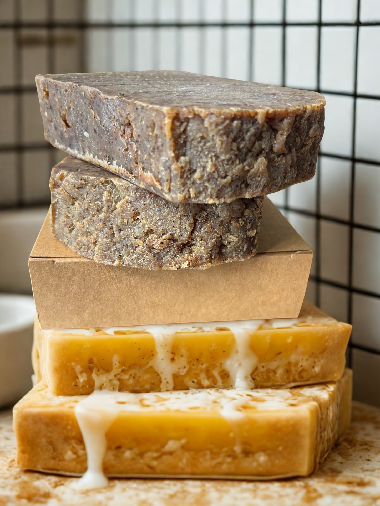 Two Genmaichi Rose & Cedarwood bars of soap stacked on a wooden surface with a grid-patterned wall in the background.