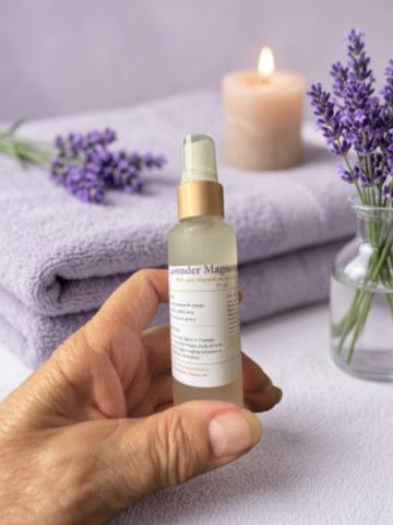 A hand holds a small bottle of lavender magnesium spray against a spa-like background with a lavender towel, a lit candle, and lavender sprigs.