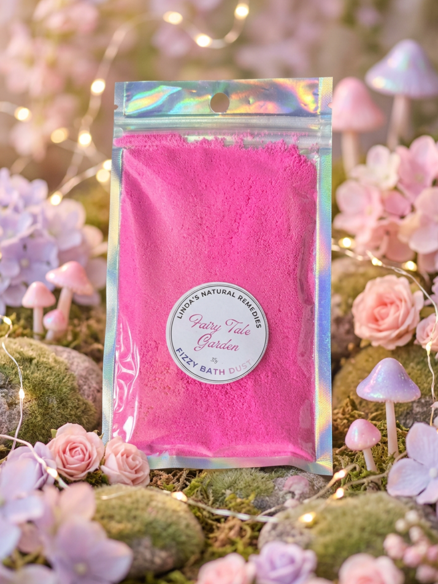 Fairy Tale Garden scented hot pink fizzy bath dust with pink flowered background.
