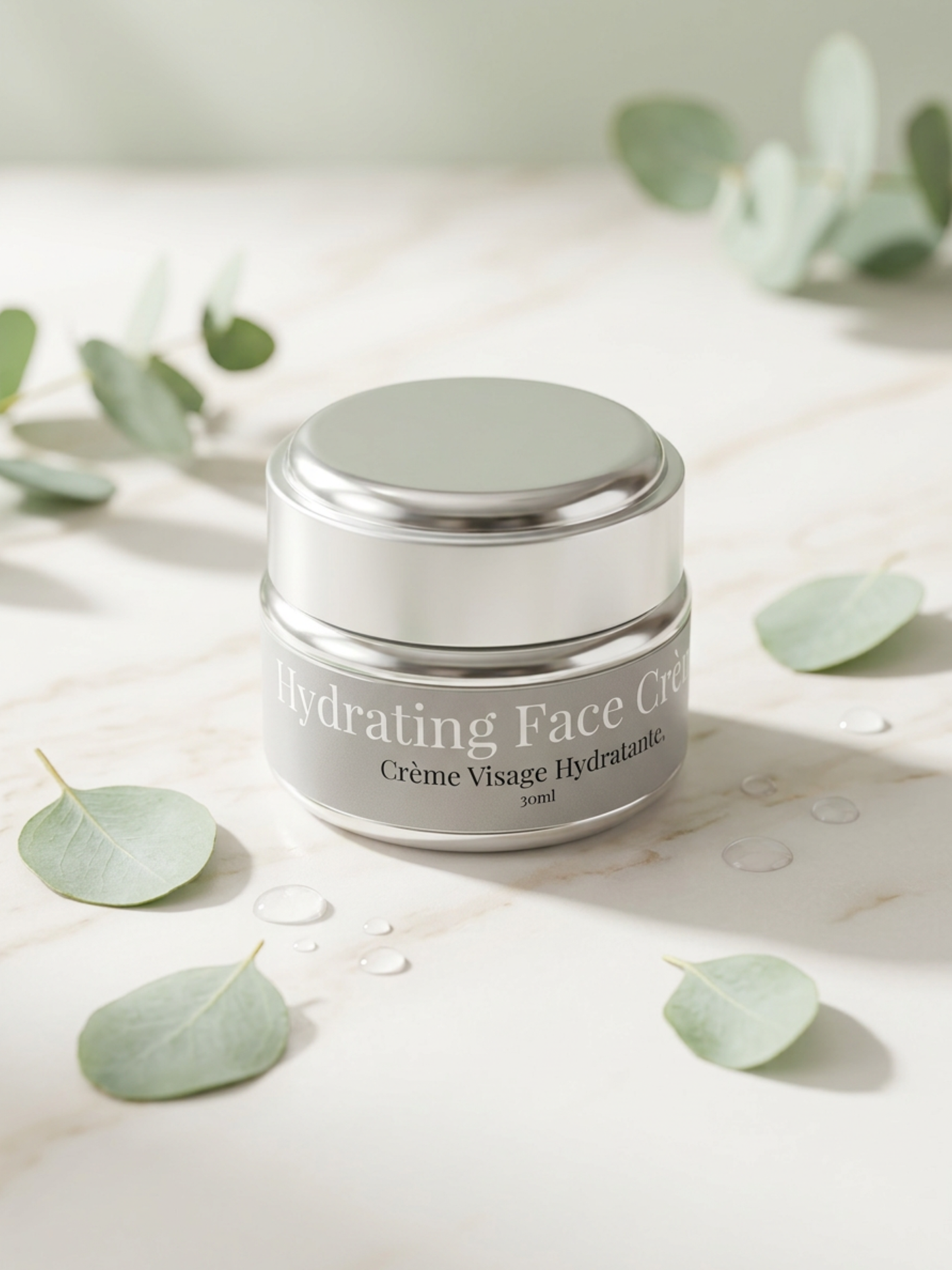 Hydrating face cream jar with eucalyptus leaves on a light background