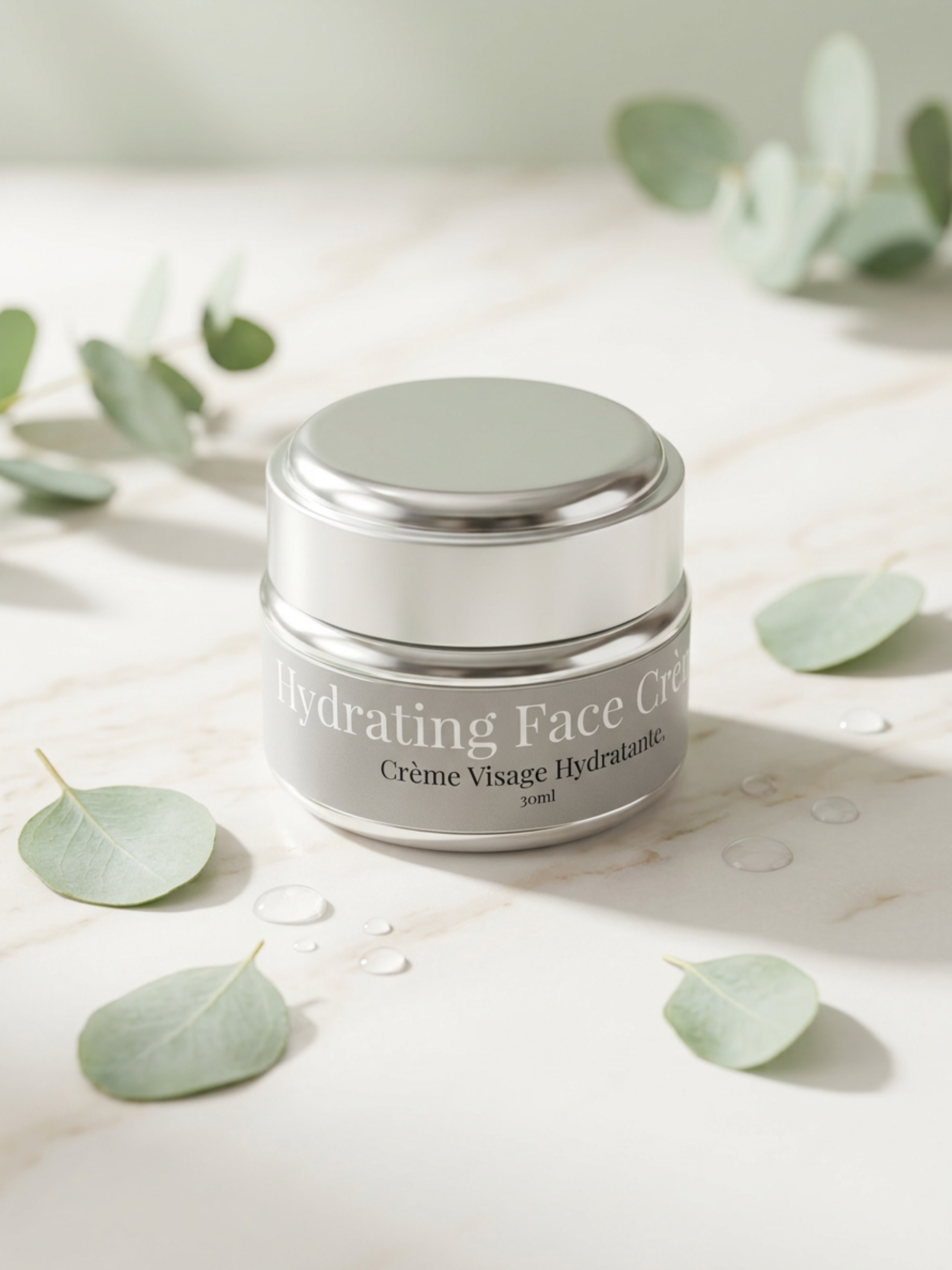 Hydrating face cream jar with eucalyptus leaves on a light background