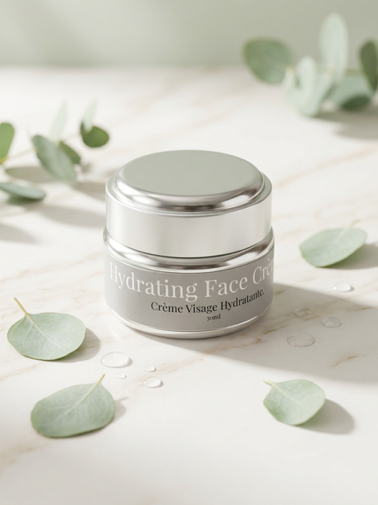 Hydrating face cream jar with eucalyptus leaves on a light background