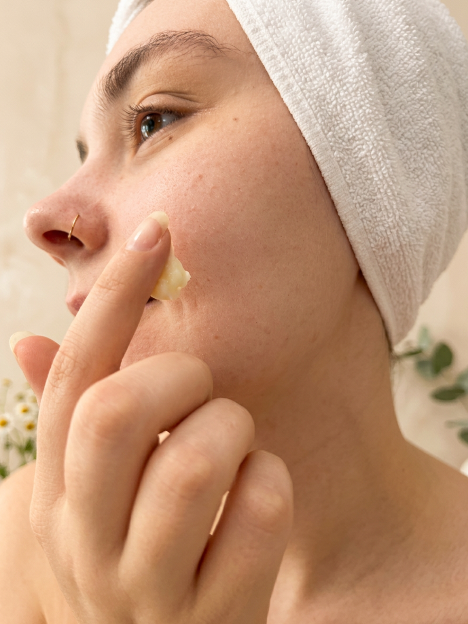 Person applying cream to their face with a towel on their head, blurred background