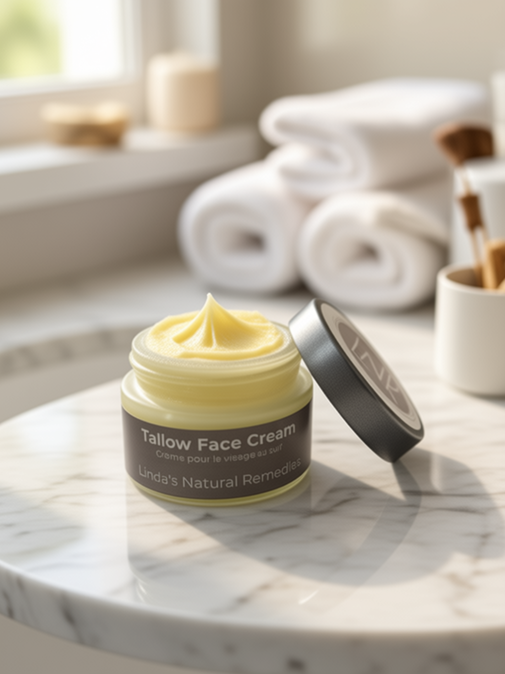Jar of tallow face cream on a marble surface with a blurred bathroom background