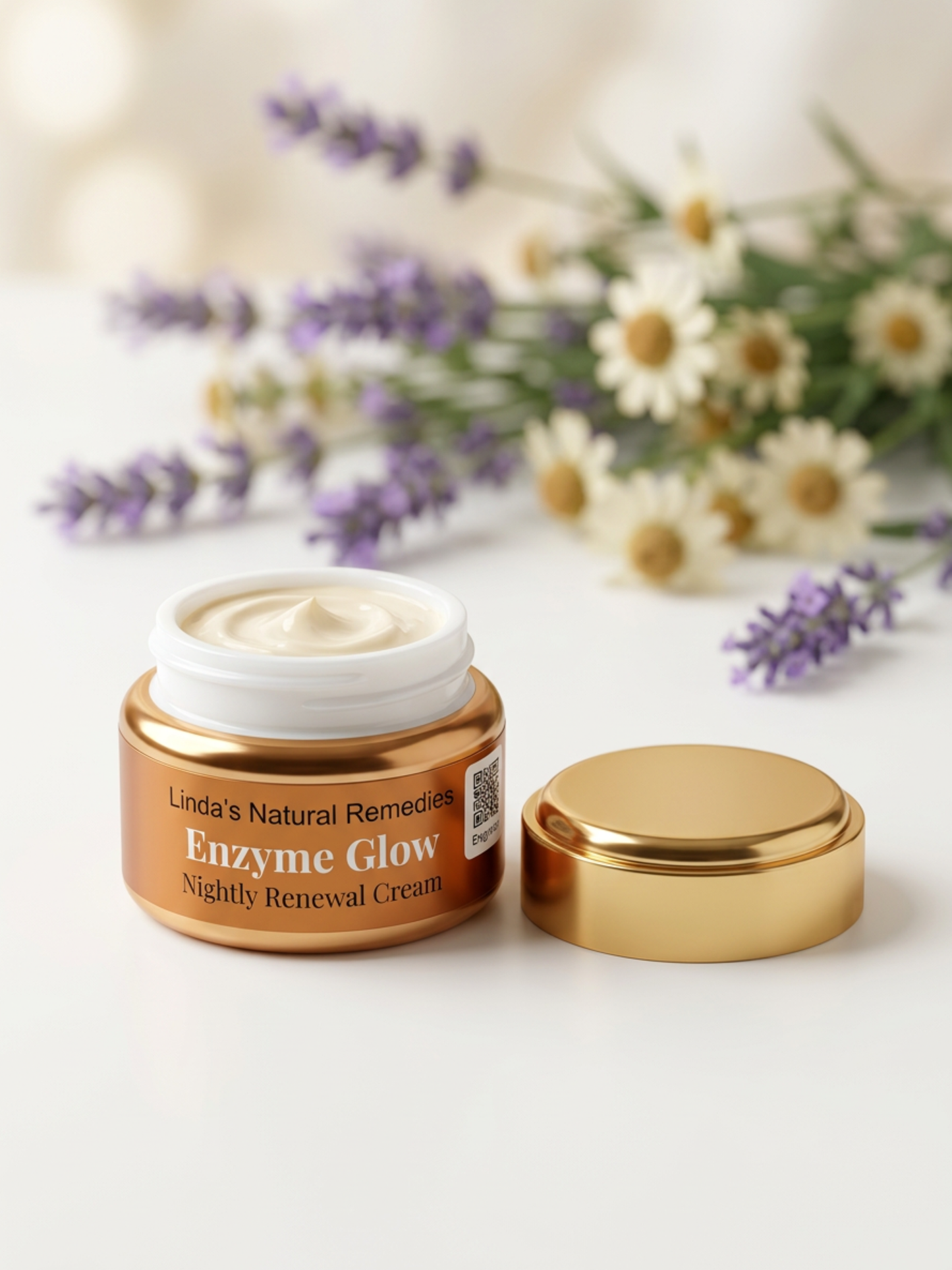 Linda's Natural Remedies Enzyme Glow Nightly Renewal Cream jar with gold lid on a white background with flowers.