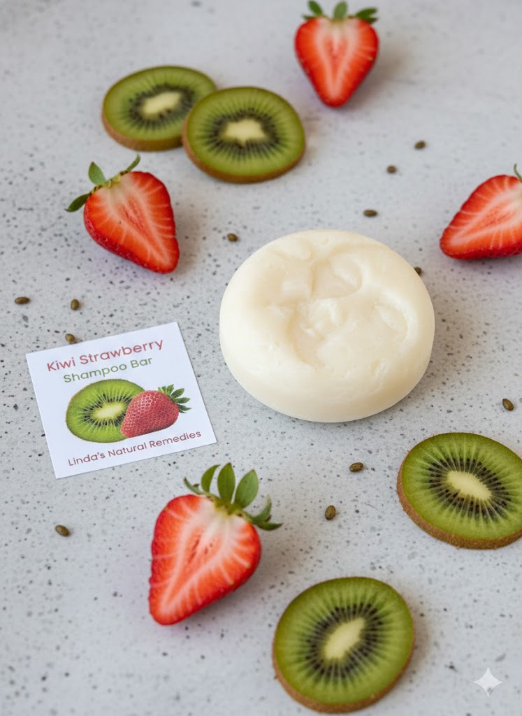 Cream-colored round shampoo bar featured with fresh kiwi slices and halved strawberries.
