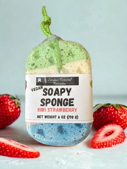 Exfoliating soap-infused sponge in Kiwi Strawberry fragrance, mica-free formula for sensitive skin.