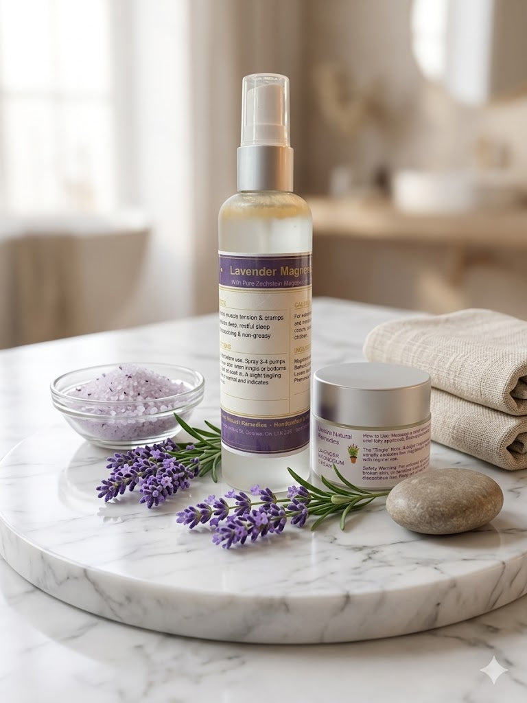 A duo of Linda's Natural Remedies Lavender Magnesium products featuring a tall frosted glass spray bottle and a small cream jar, elegantly displayed on a silver platter with dried lavender and a linen towel in a bright spa setting.