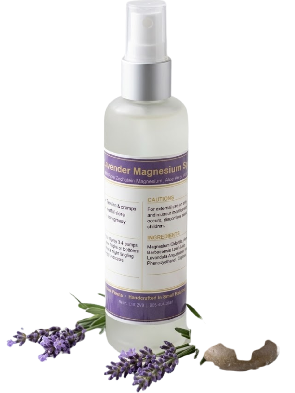 Bottle of lavender magnesium spray with lavender flowers on a white background