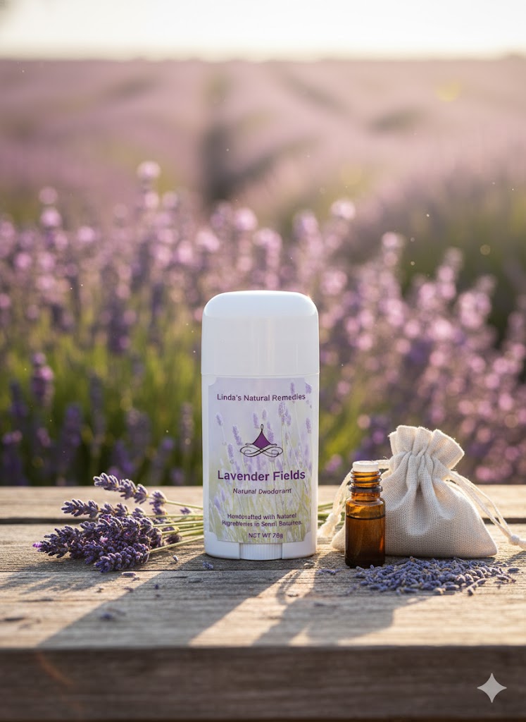 Linda's Natural Remedies Lavender Fields Natural Deodorant tube.