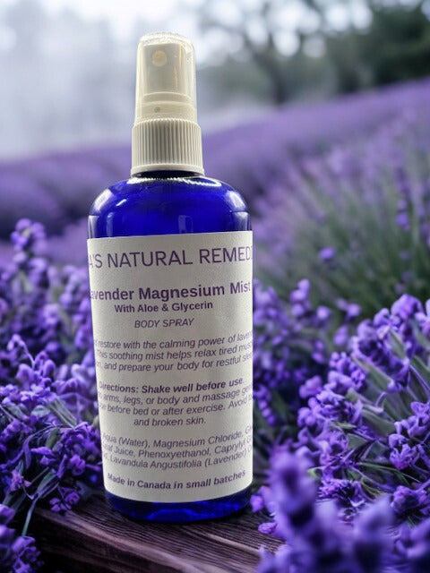 Artisan Lavender Magnesium Mist in a cobalt blue bottle, handcrafted with pure Zechstein minerals by Linda’s Natural Remedies.