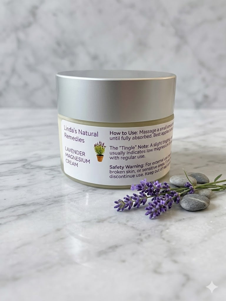A close-up of Linda's Natural Remedies Lavender Magnesium Cream in a frosted glass jar with a silver lid, resting on a white marble surface next to fresh lavender sprigs and smooth grey stones.
