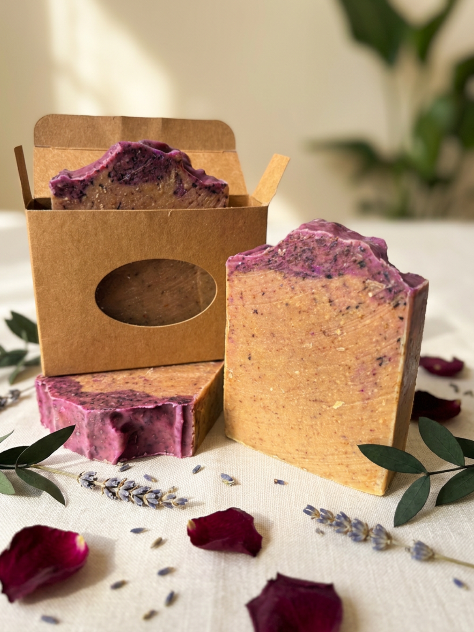 Purple and pink soap bars with a cardboard box on a light surface with lavender flowers and leaves.