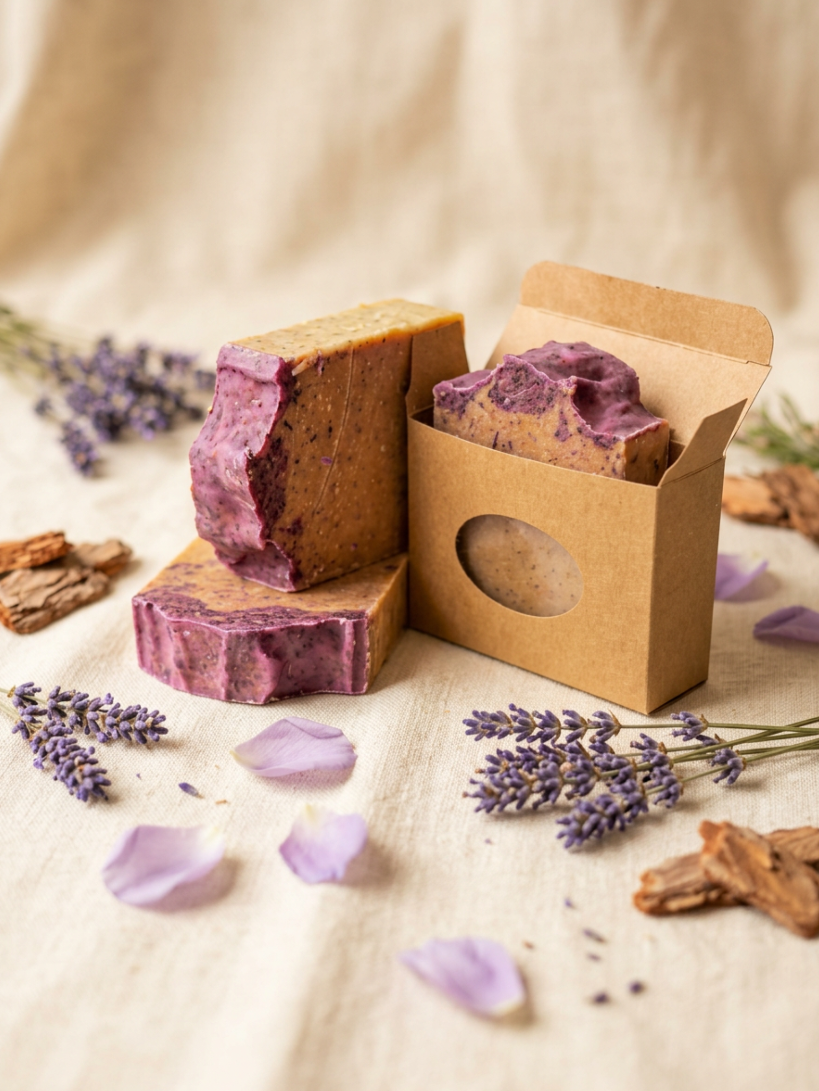 Purple soap bars with a brown paper box on a beige surface with lavender flowers.