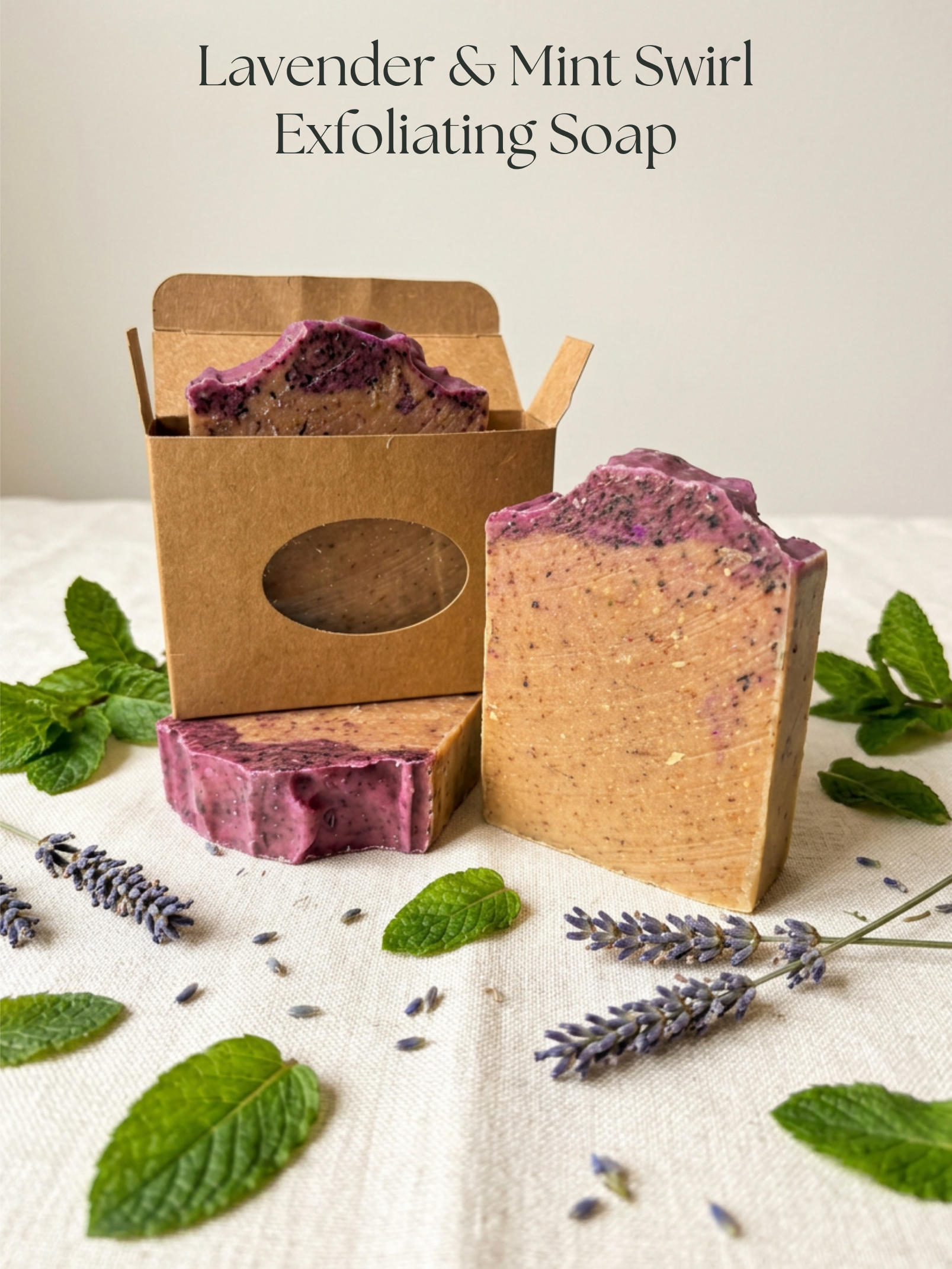 Lavender & Mint Swirl Exfoliating Soap with packaging and herbs on a light background