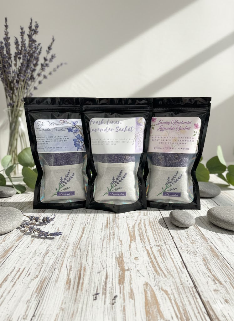 A group display of The Lavender Edit aroma sachets, including Fresh Linen, Luxury Kashmiri, and The Ultimate Protector by Linda’s Natural Remedies.