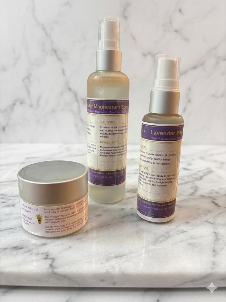 A trio of Lavender Magnesium products by Linda's Natural Remedies, including two spray bottles and a cream jar, displayed on a silver platter atop a white marble surface with dried lavender sprigs and a folded linen towel.