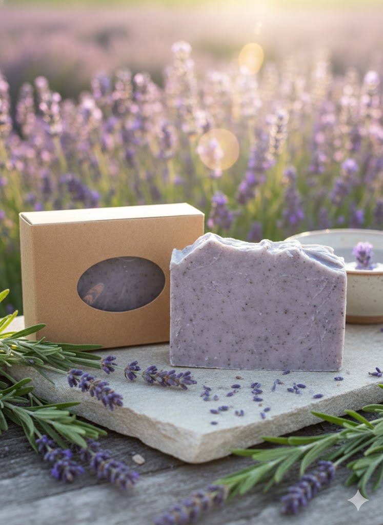 Lavender soap bar surrounded by lavender flowers.