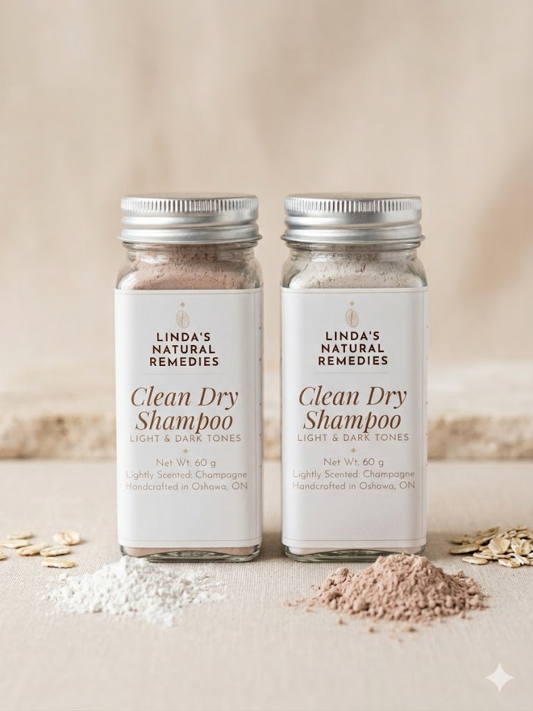 Two jars of Linda's Natural Remedies Clean Dry Shampoo on a neutral background