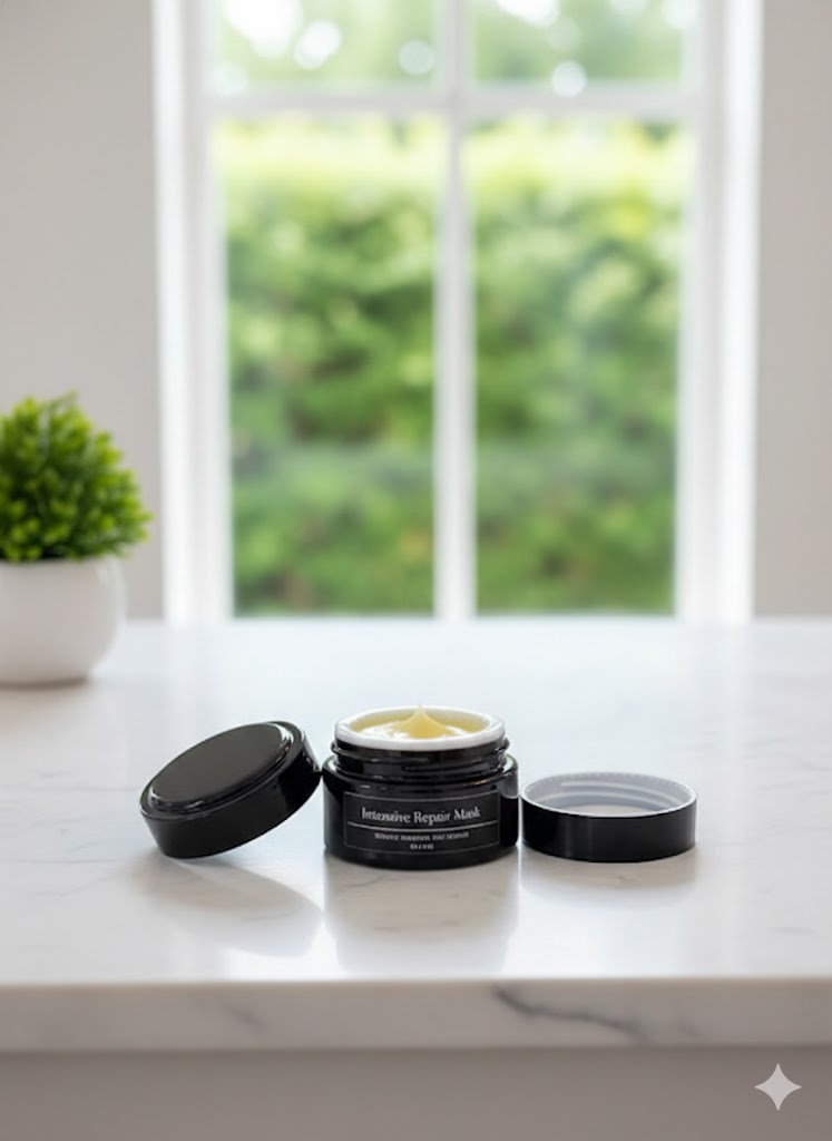 Intensive Repair Mask in a black glass jar, a rich anhydrous facial treatment.
