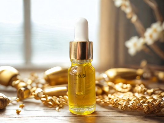 A 10ml glass bottle of Liquid Gold hair oil with a precision dropper, featuring a clear golden botanical oil infused with calendula flowers.