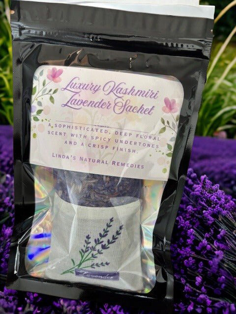Artisan Luxury Kashmiri Lavender Sachet, an exotic and sophisticated floral scent by Linda’s Natural Remedies.