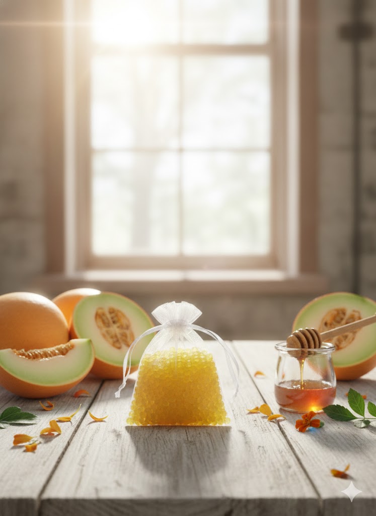 Bright yellow aroma beads with Sunflower Mica in a white organza sachet, surrounded by fresh melon slices and honey on a sunny wooden tabletop.