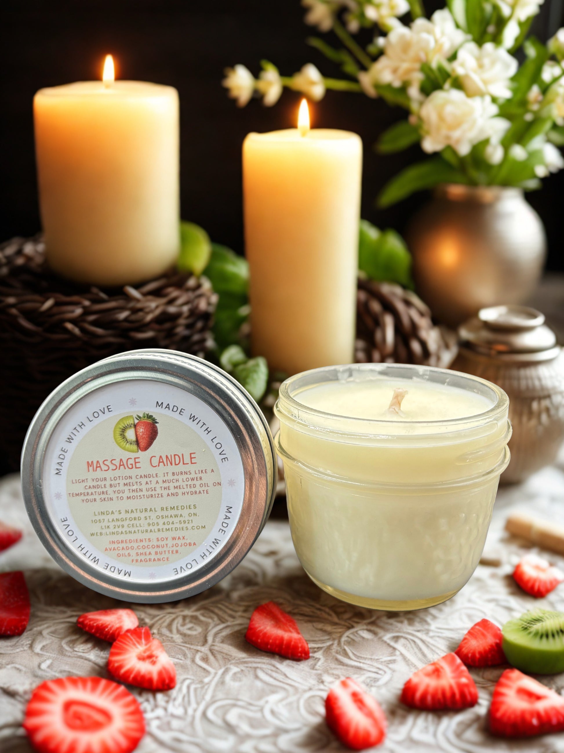 A hand-poured massage candle in a glass jar with a matte label, showing a pool of warm, melted soy wax and skin-nourishing botanical oils.