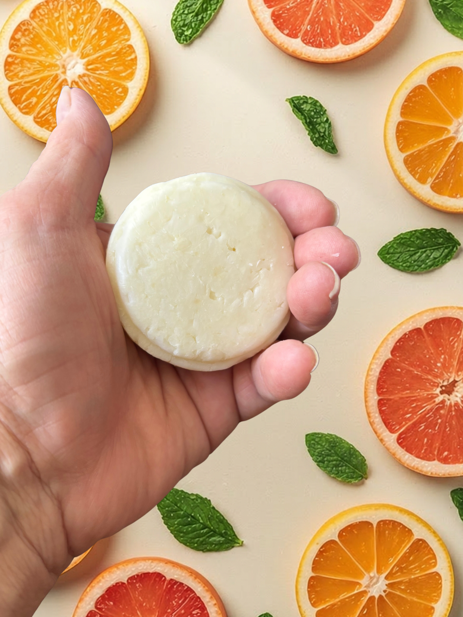 Hand showing solid shampoo bar.