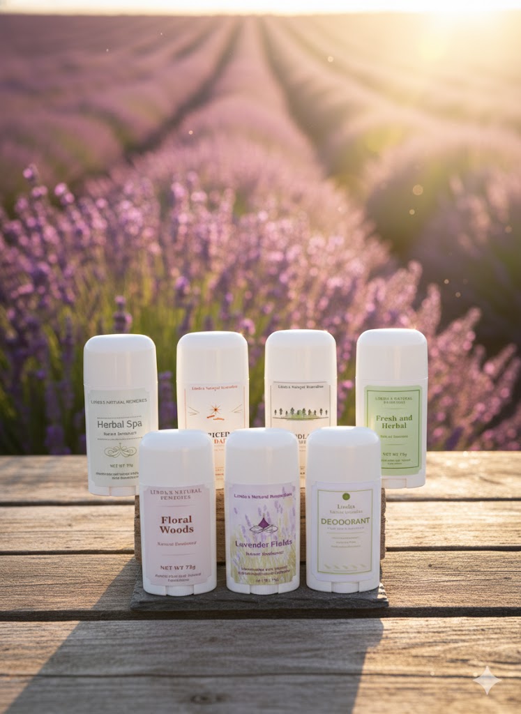 Linda's Natural Remedies Natural Aluminum-Free Deodorant collection in various essential oil scents.