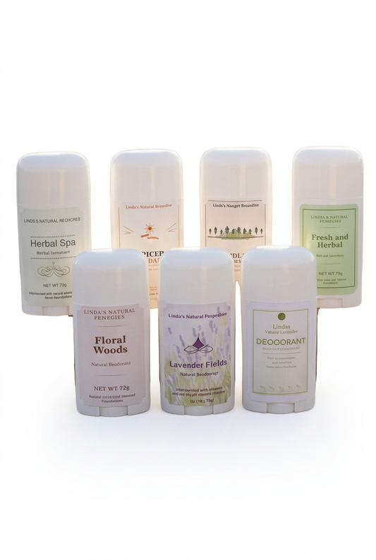 Seven Natural Deodorant sticks in white containers, arranged in two rows on a white background