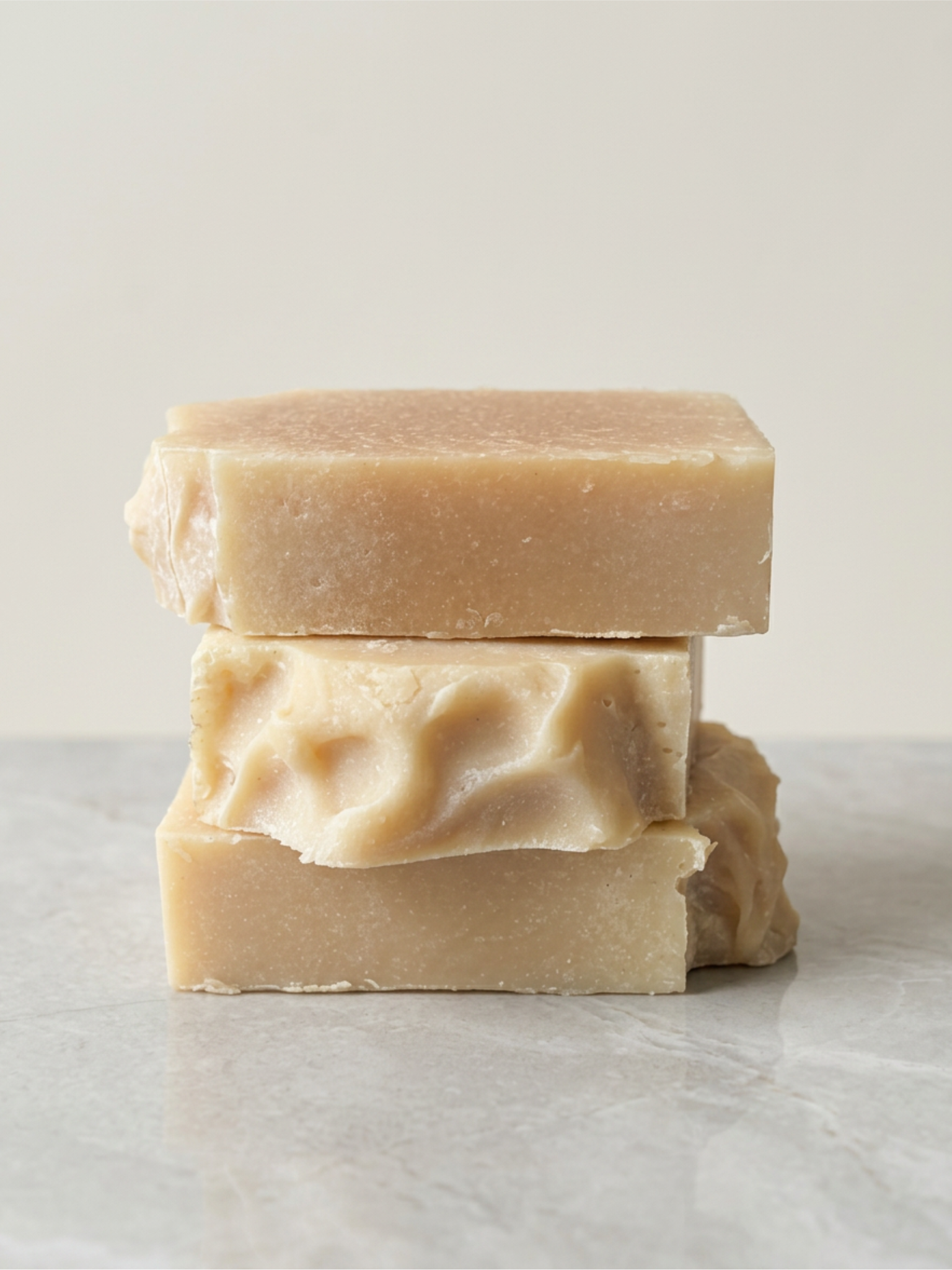 Three bars of soap stacked on a marble surface with a light background