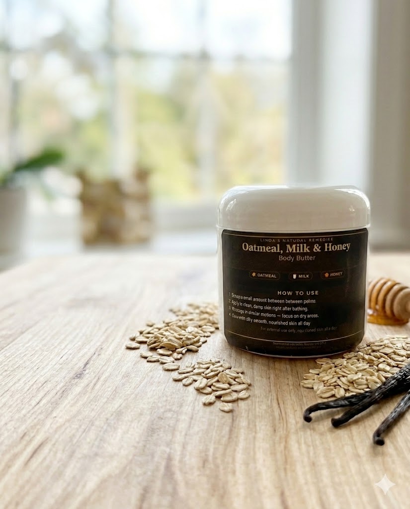 A jar of Linda's Natural Remedies Oatmeal, Milk & Honey Body Butter on a wooden surface, surrounded by raw oats, vanilla beans, and a honey dipper.