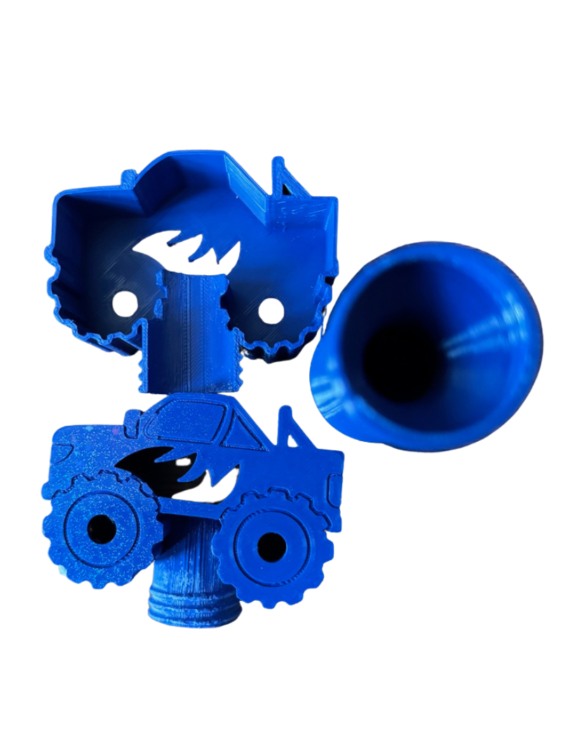 Monster truck comes in 3 parts. Fill the cavity with micro bath bombs and dust in the handle for bath time fun.