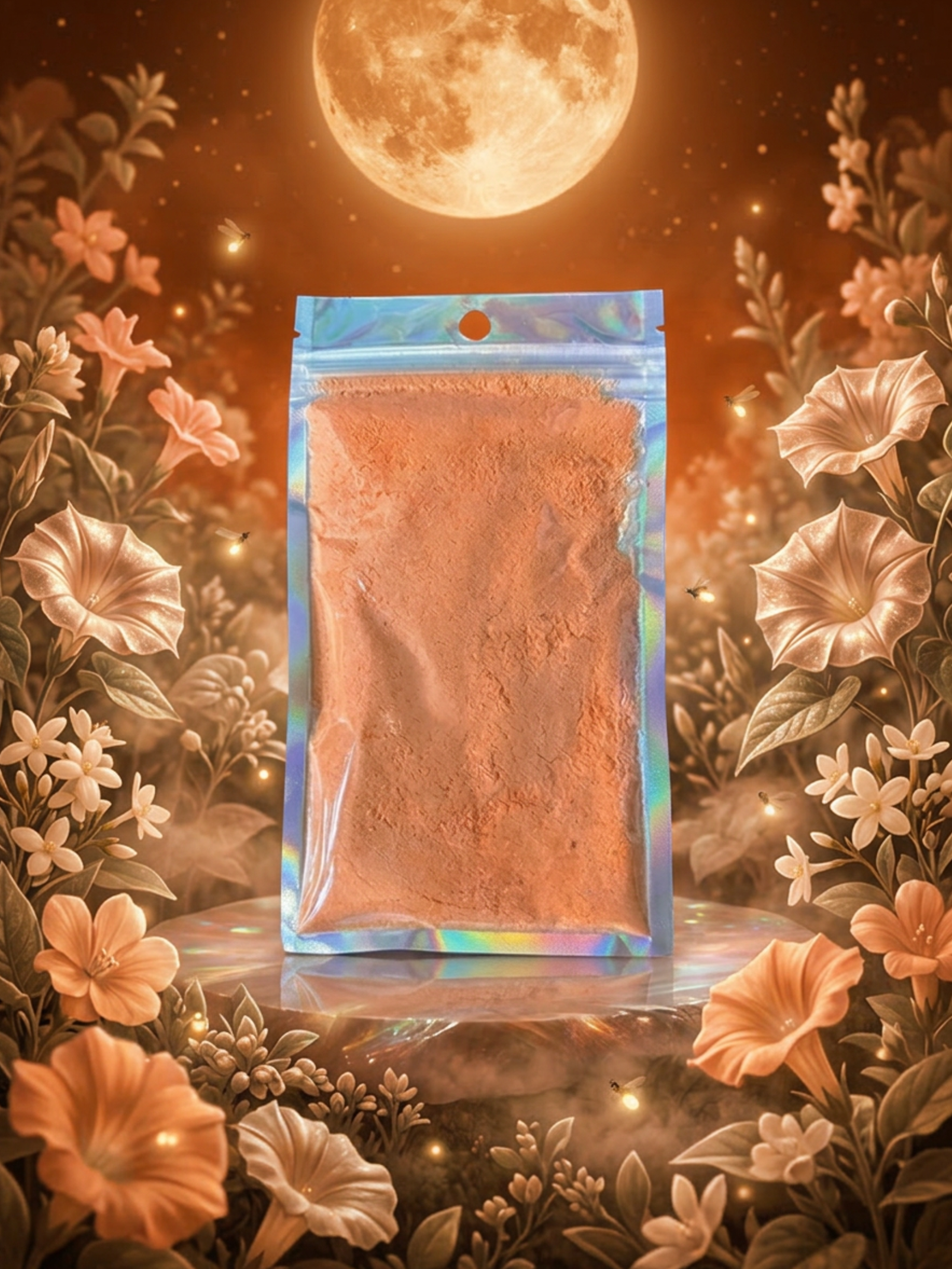 Moon Garden scented Fizzy Bath Dust with moon and flowered background.