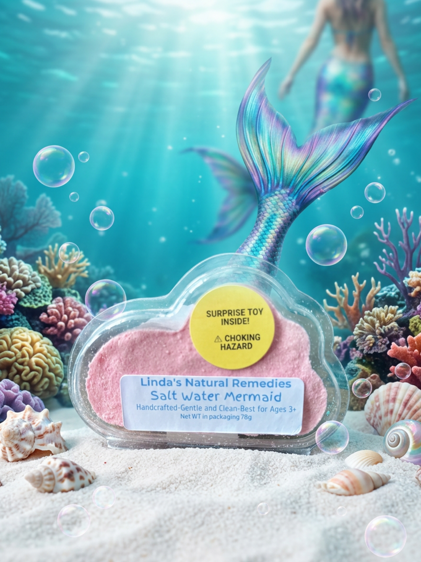 Cloud clamshell scented salt water mermaid sitting in aquarium setting.