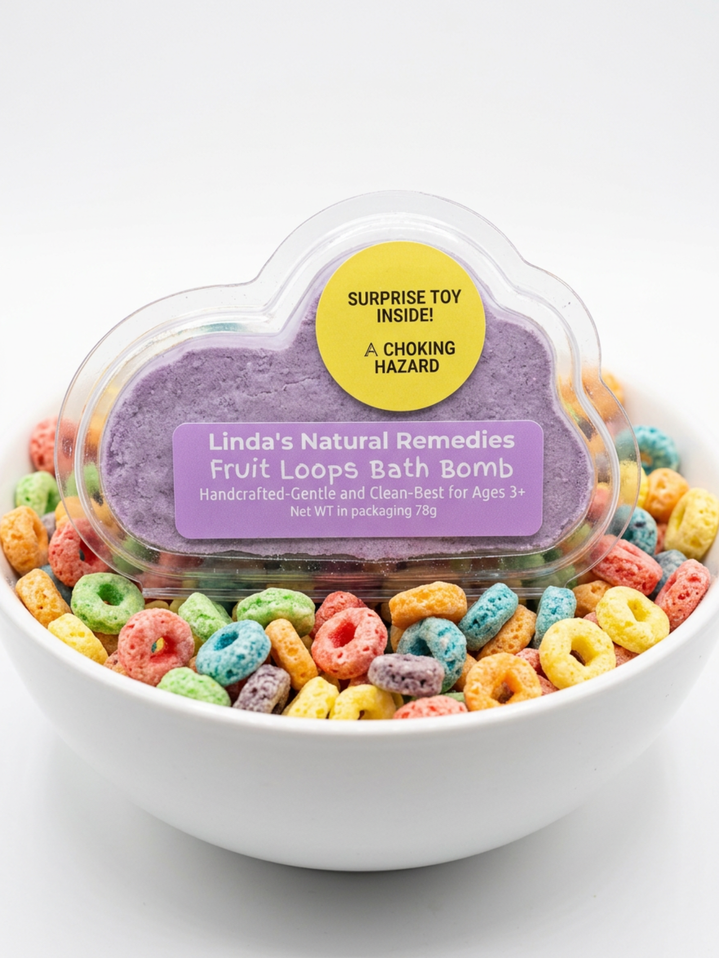 Fruit loops scented bath bomb sitting in a bowl of fruit loops