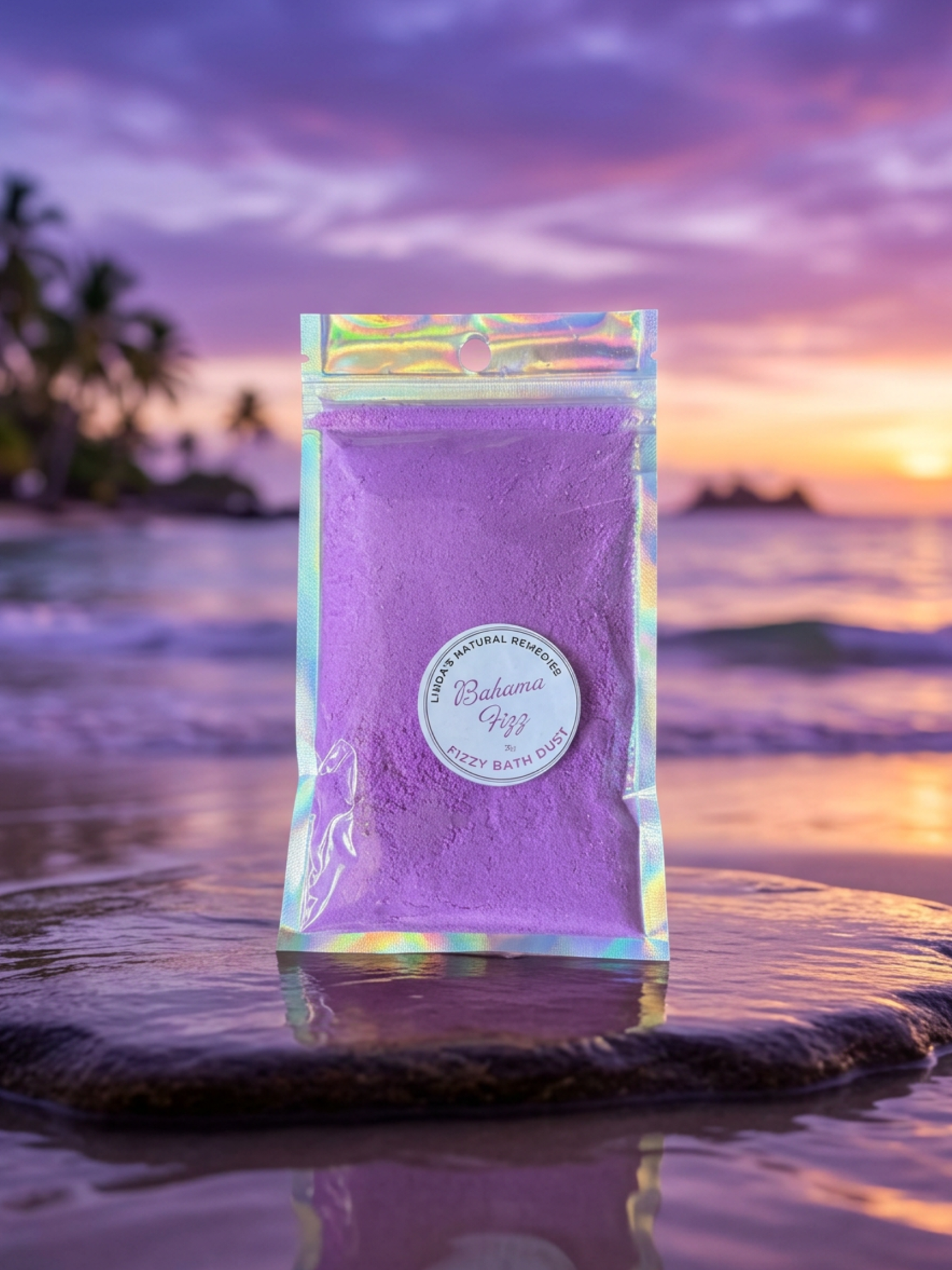 Bahama Fizz scented purple bath dust with purple sunset background.