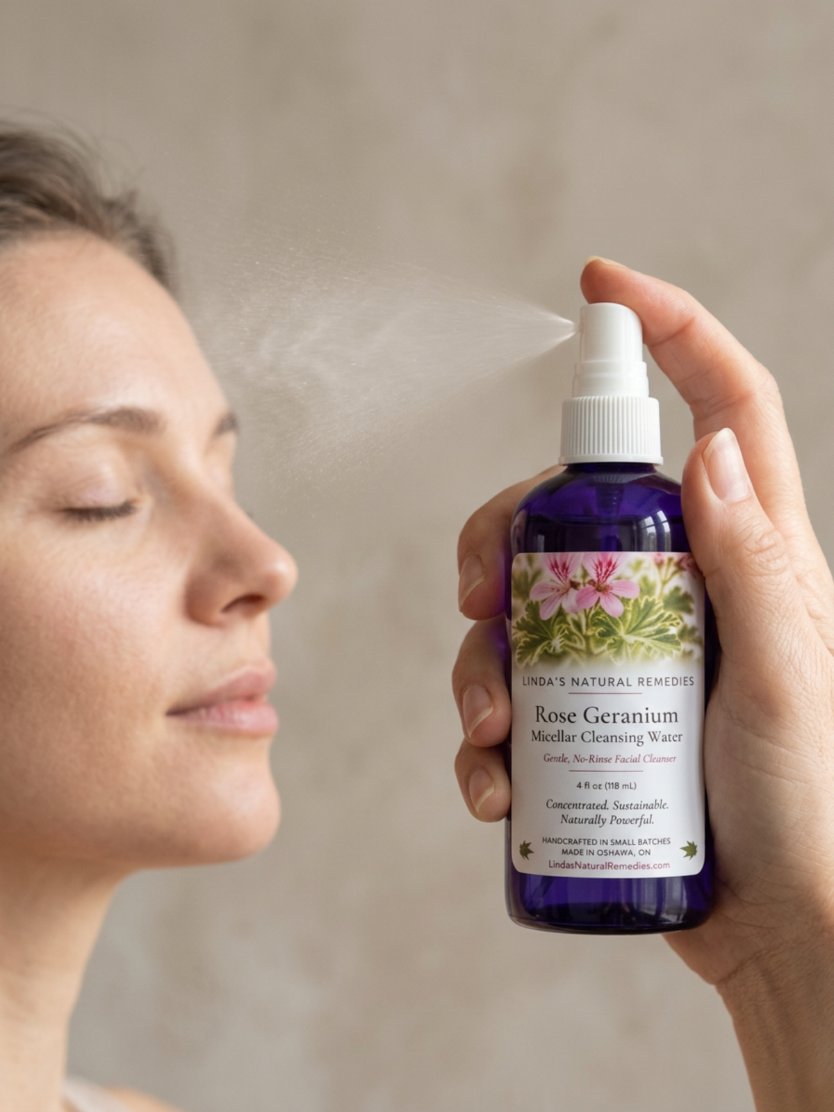 A woman holds a Blue spray bottle of Rose Geranium Micellar Cleansing Water while spraying it, with a woman's face visible in profile against a soft beige background.
