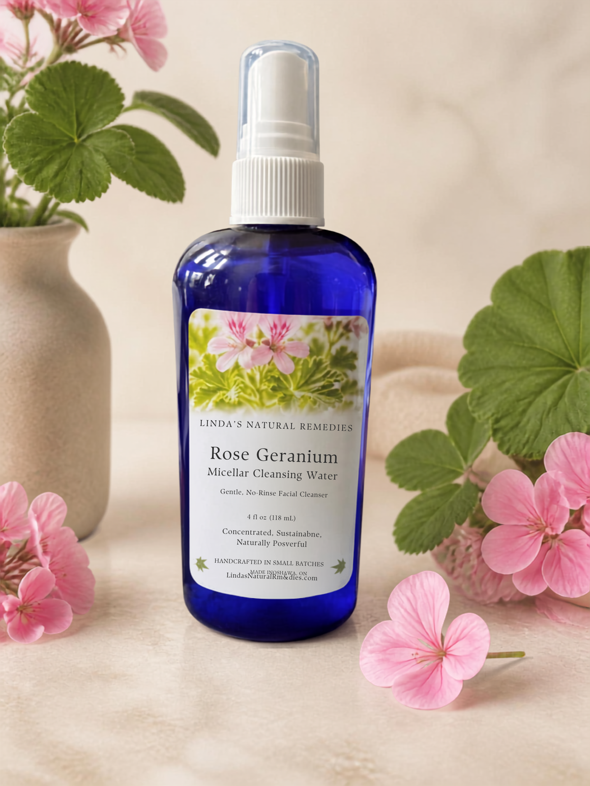 A cobalt blue spray bottle of Linda's Natural Remedies Rose Geranium Micellar Cleaning Water, styled with pink flowers and green leaves on a light beige surface.